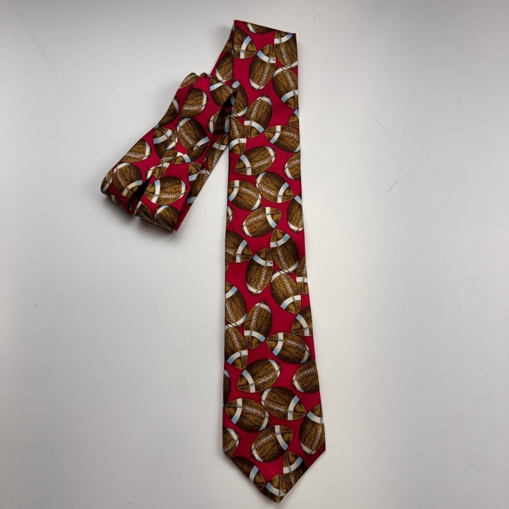 Talbots Kids Boys Red Football Print Silk Necktie Made in USA Sports Accessory